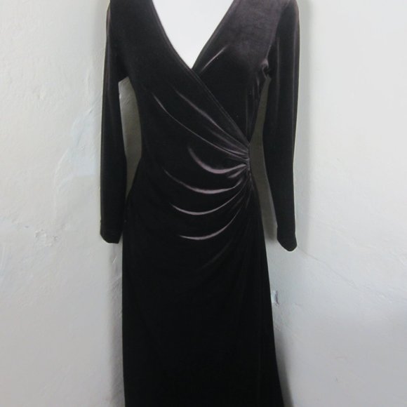 Vintage TADASHI Dark Brown Velvet Long Maxi Evening Occasion Dress Women's M - Picture 1 of 6